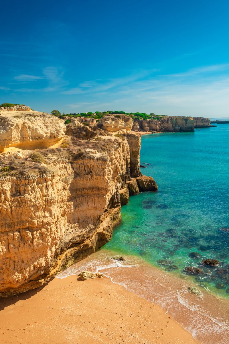 Algarve coastline with golden cliffs and turquoise water in Portugal