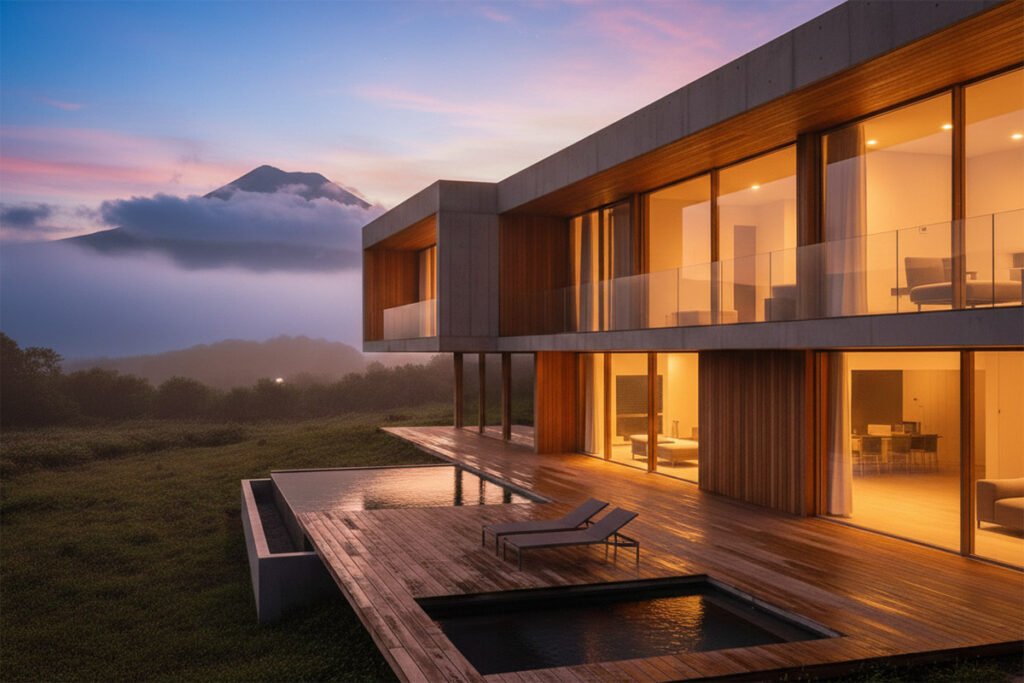 Modern luxury villa in Azores with infinity pool and mountain views at sunset