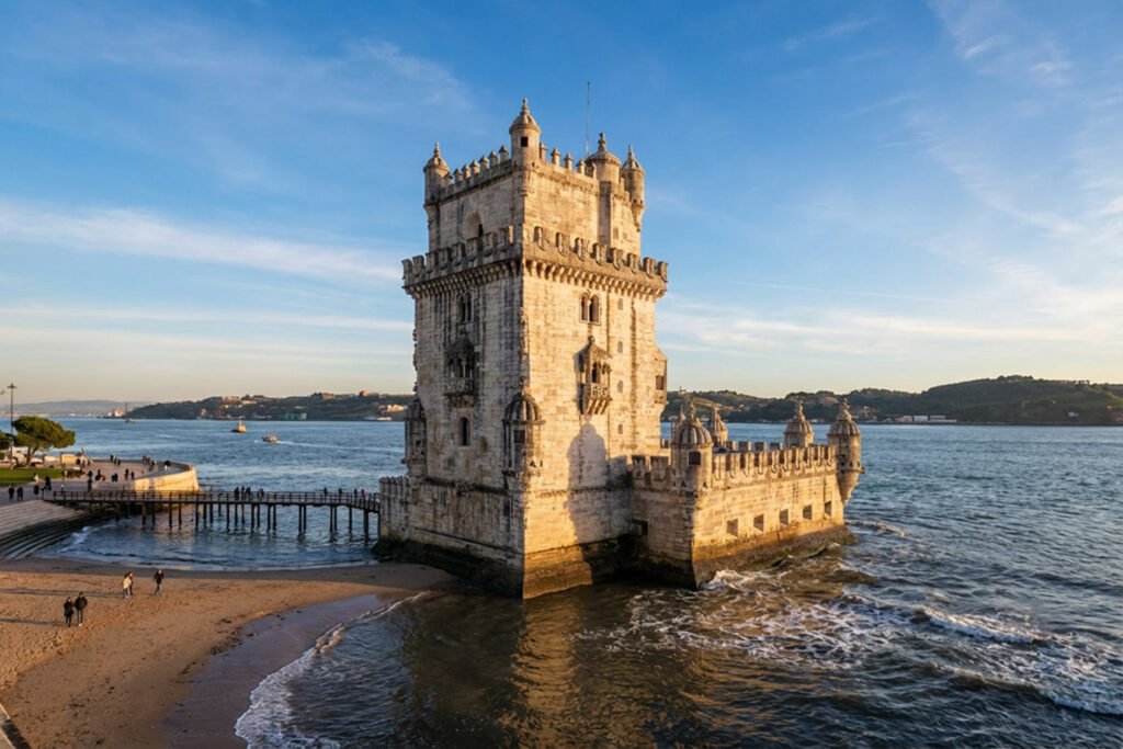 A wide daylight shot of the Belém Tower in Lisbon surrounded by the Tagus River, featuring the stone fortress's Manueline architecture, a wooden bridge, and a sandy shore under a blue sky