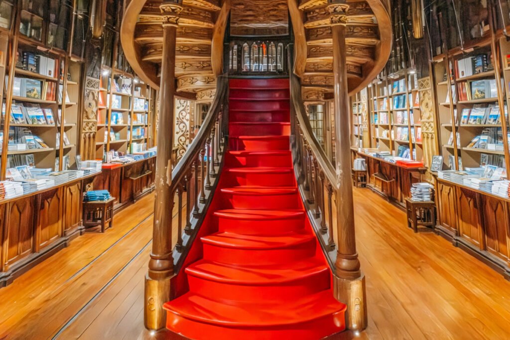Interior view of the historic Livraria Lello in Porto, showing the ornate red staircase and gothic architecture that inspired the Harry Potter world.