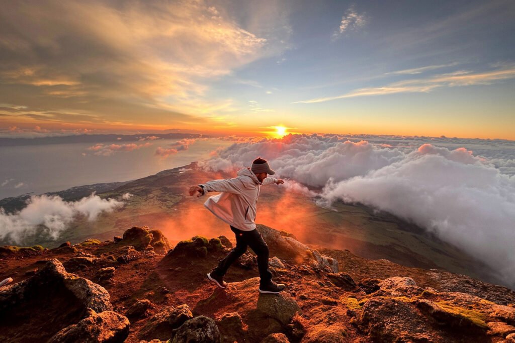 Aquí tienes un texto alternativo y una leyenda espectacular para una imagen del amanecer desde la cima del Monte Pico: Texto Alternativo (Alt Text - SEO en Inglés) "Panoramic sunrise view from Mount Pico, Azores. Golden sun rising above a dense sea of clouds, illuminating the distinct triangular shadow of the volcano projected onto the clouds and the distant island coastline