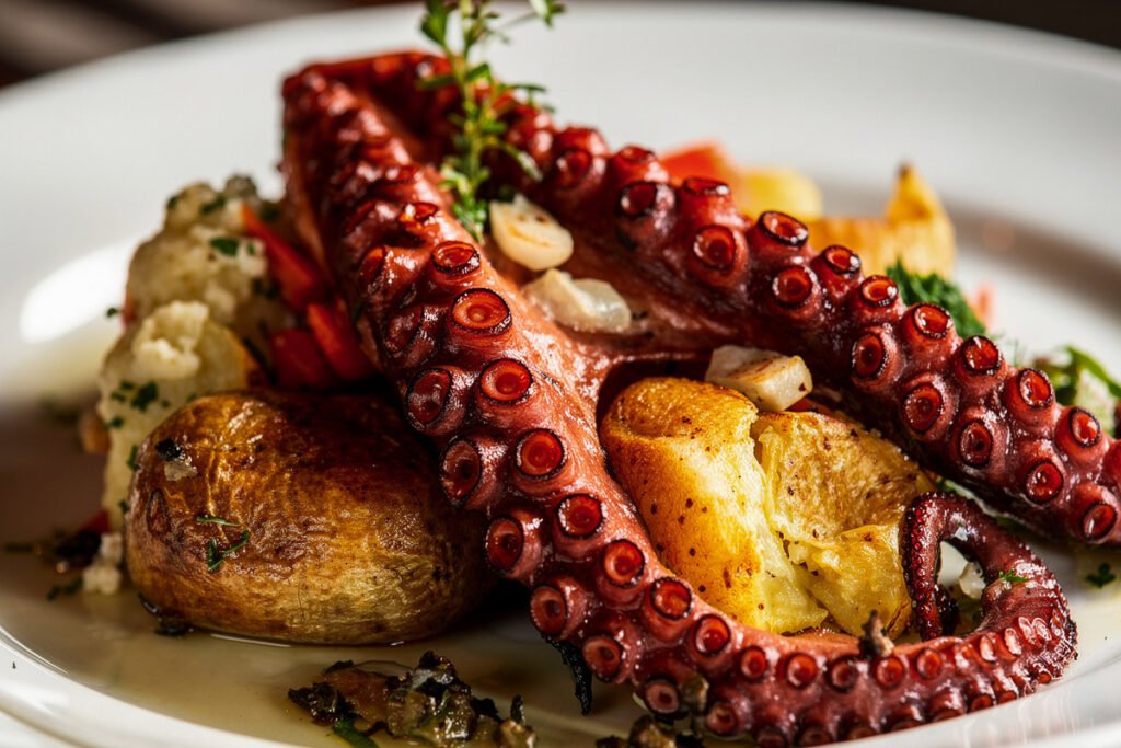 Traditional Portuguese Polvo à Lagareiro served in a clay pot with roasted potatoes, garlic, and olive oil