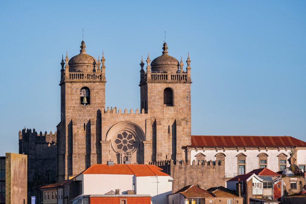 Sé do Porto (Porto Cathedral) towers above the historic center of Porto, Portugal