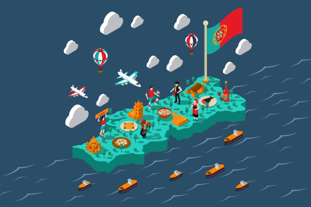 Isometric map of Portugal featuring iconic landmarks, traditional food, and cultural symbols for a 2026 travel guide