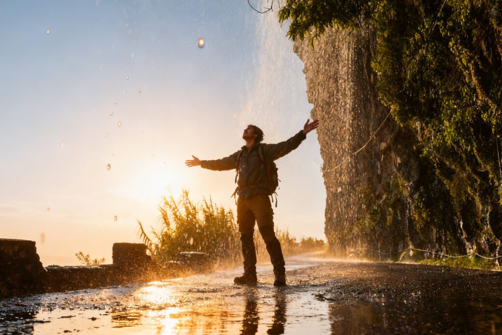 A hiker with a backpack standing with open arms under the Cascata dos Anjos waterfall, Angels Waterfall, in Ponta do Sol, Madeira, Portugal, during a golden sunset, as the water falls onto the coastal road ER101