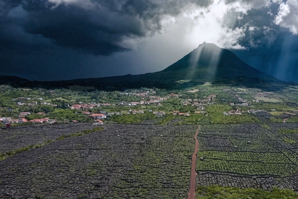 Aerial view of Criação Velha unique vineyards in Pico Island, Azores, protected by black volcanic stone walls under Portugal's highest peak. A sanctuary to live in nature
