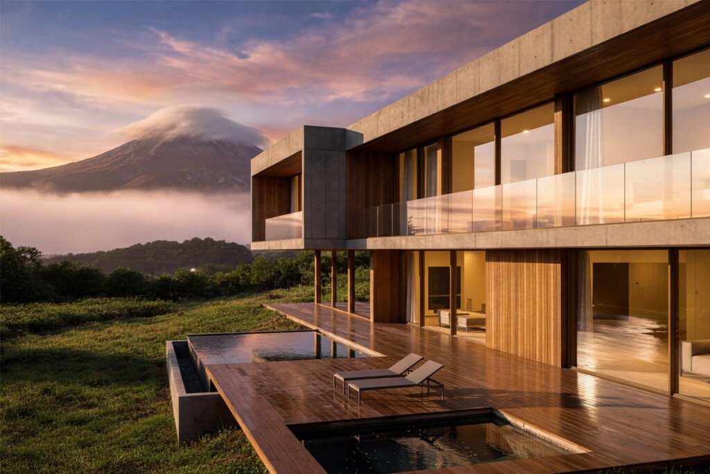 Luxury modern villa in Ilha do Pico, Azores, with an infinity pool overlooking Mount Pico at dusk. A unique real estate opportunity to live in nature