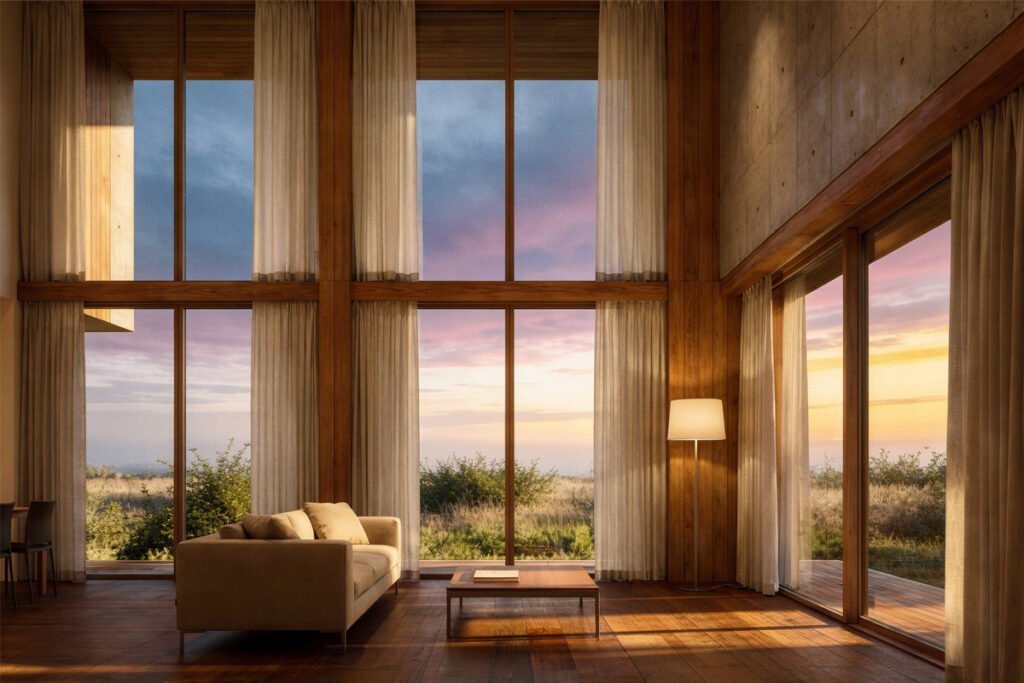 High-end minimalist living room with floor-to-ceiling windows showing a panoramic sunset over the Atlantic in Ilha do Pico. Luxury property in the Azores