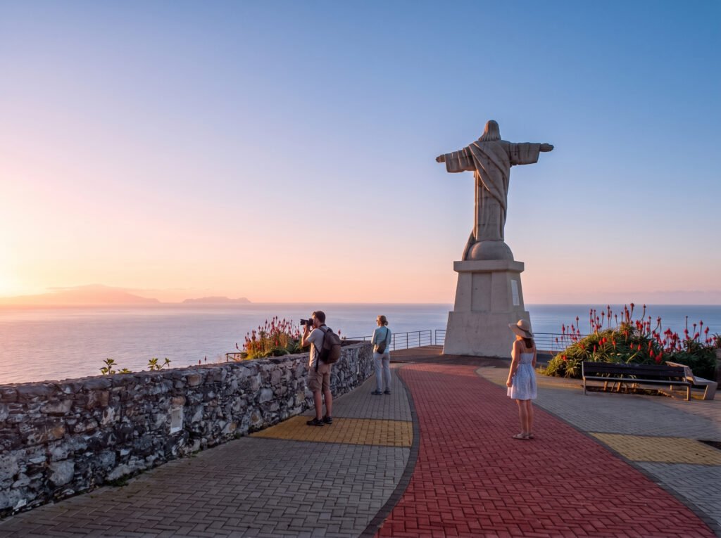 The iconic Cristo Rei statue standing on a clifftop viewpoint overlooking the Atlantic Ocean in Garajau, Caniço, Madeira, during a golden sunset with tourists