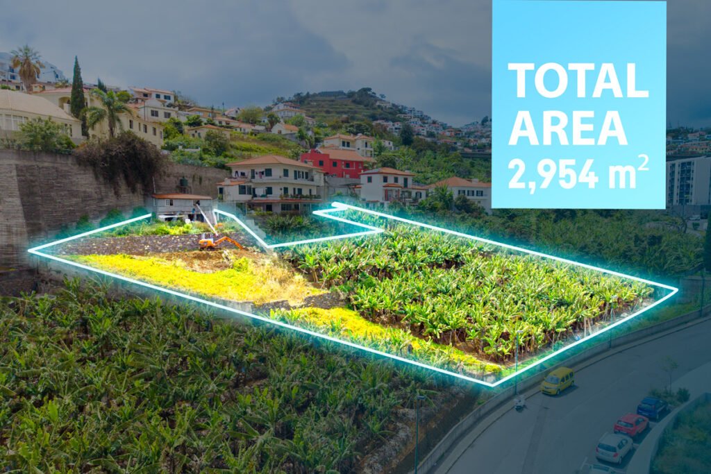 Aerial view of a 2,954 square meter investment plot for sale in Funchal, Madeira Island, highlighted with a glowing border. The land features a banana plantation, construction ongoing with an excavator, and is surrounded by residential houses on a hillside