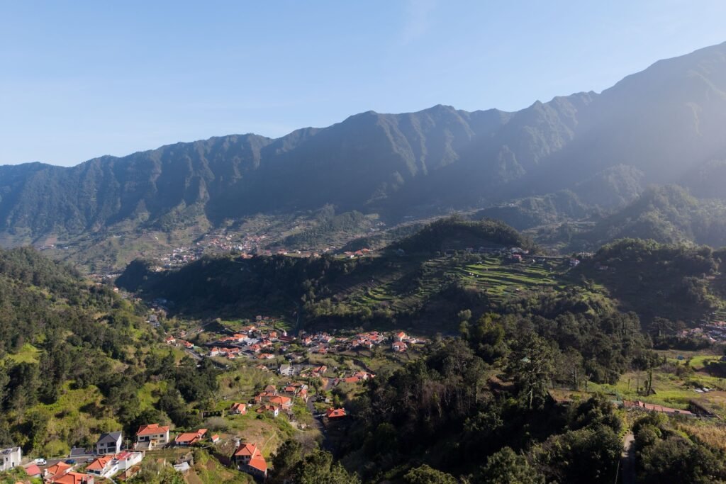 anoramic aerial view of São Vicente valley and lush mountains in Madeira Island near building plot for sale
