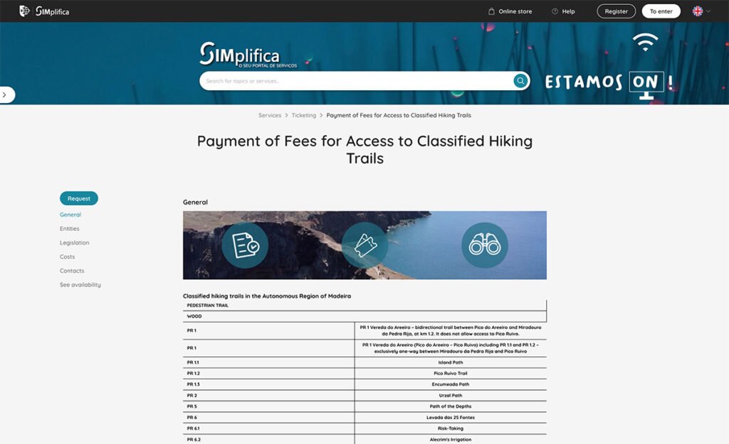 Screenshot of the official Simplifica Madeira government platform for paying fees and getting permits for classified hiking trails